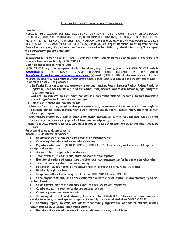 Employee and Candidate Comprehensive Privacy Notice
